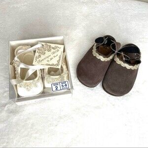 Vintage Baby Shoes White Ivory Gold Bug Clogs Brown Satin Faux Pearl Applique